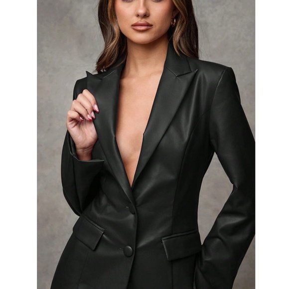 Black Faux Leather Jacket Blazer PU Leather - Picture 4 of 13